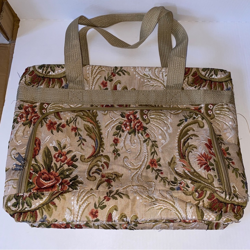Vintage Large Bovano USA Beige Tapestry Floral Tote Traveller Overnight Bag